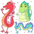 Cute dragon pack, which has three beautiful dragons, in different poses and cartoon style Royalty Free Stock Photo